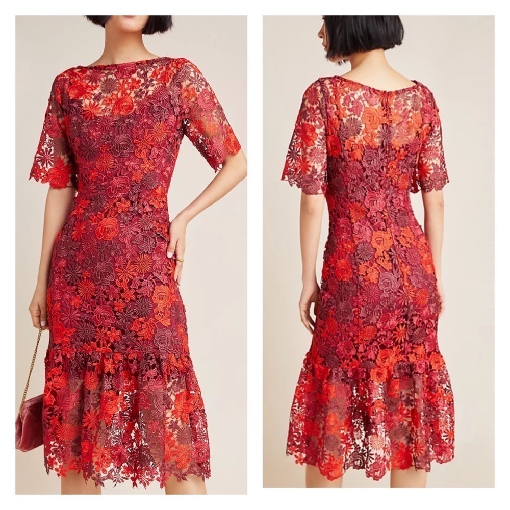 Eva Franco Brigitte Embroidered Midi Dress Lace Maroon Floral Anthropologie 2